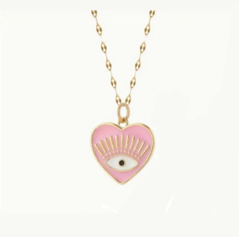 Collar con dije rosado de corazón con ojito